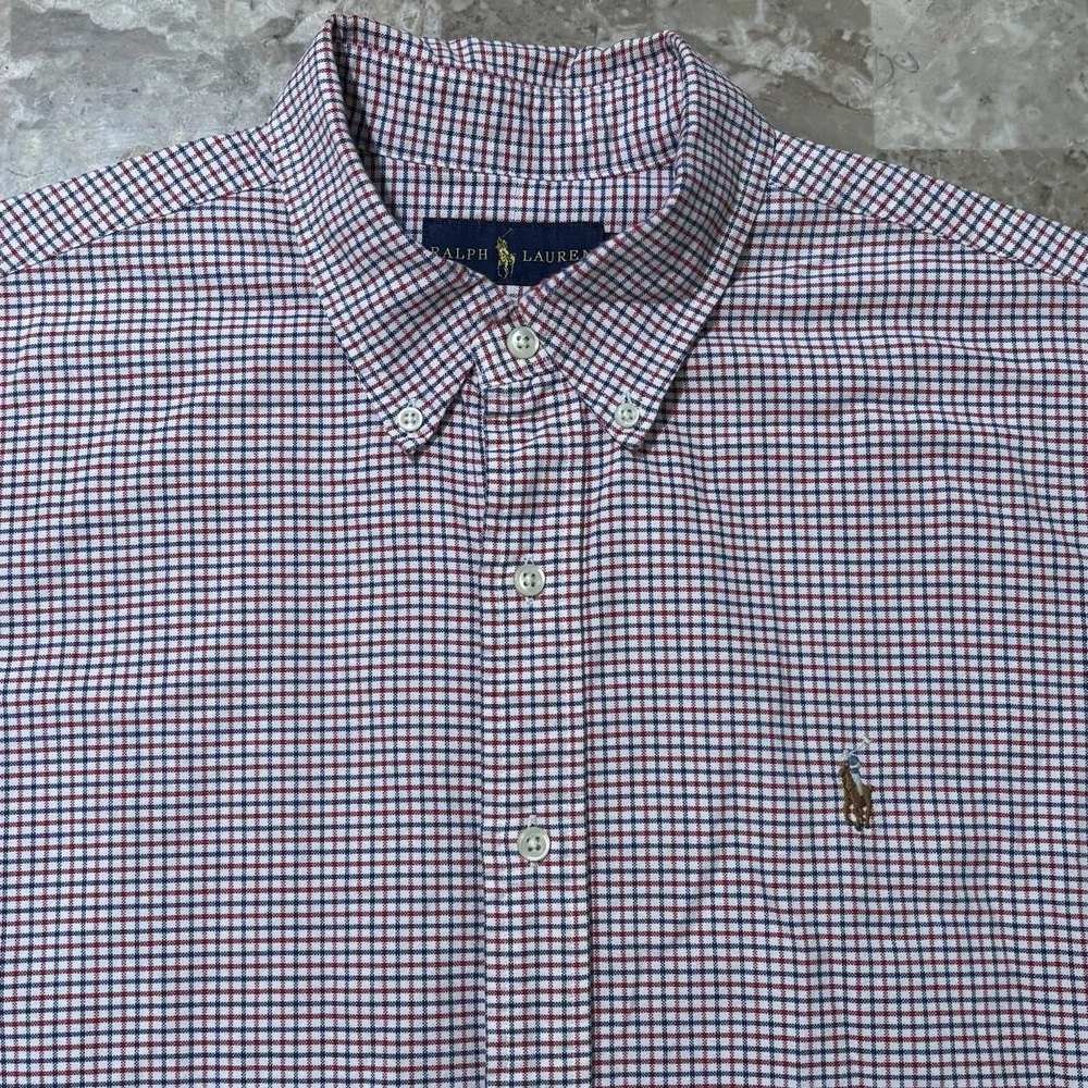 Polo Ralph Lauren Shirt Mens Large Windowpane Oxford Classic Short Sleeve OCBD